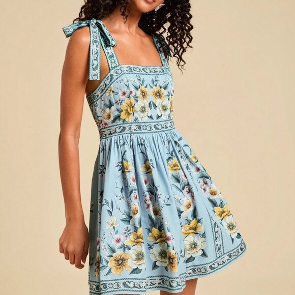 Multicolor Boho Women's Floral Sleeveless Tie-Front Dress - Picture 4 of 7